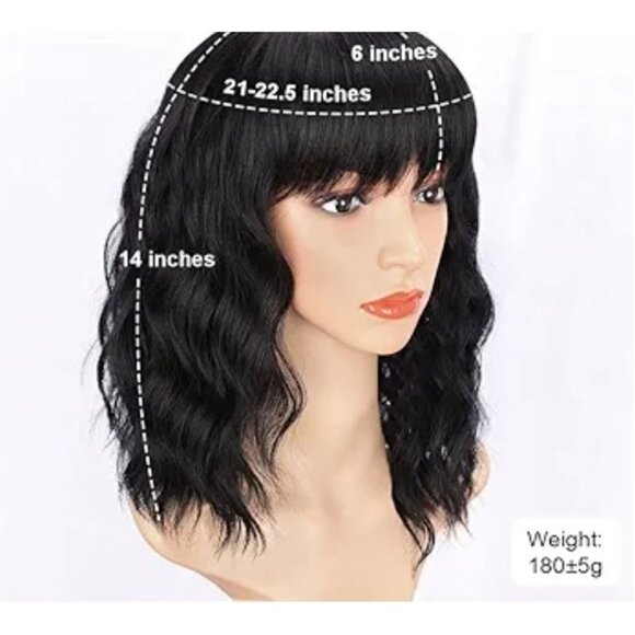 Black Wavy Synthetic Wig With Bangs Adjustable Cap 14" Length - Soft & Ventilate - Picture 2 of 4